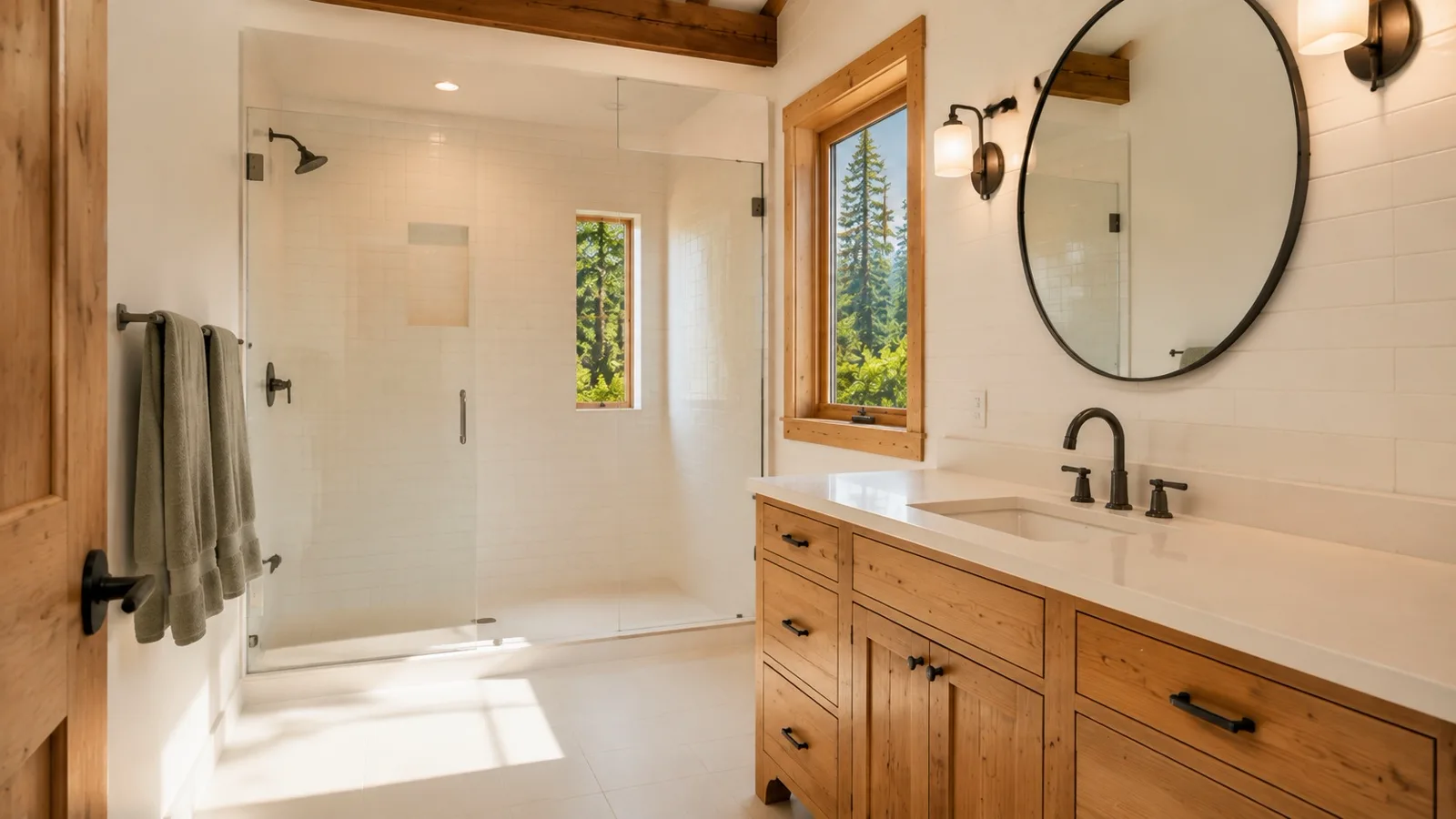 A bright bathroom with polished glass, mirror, and tile