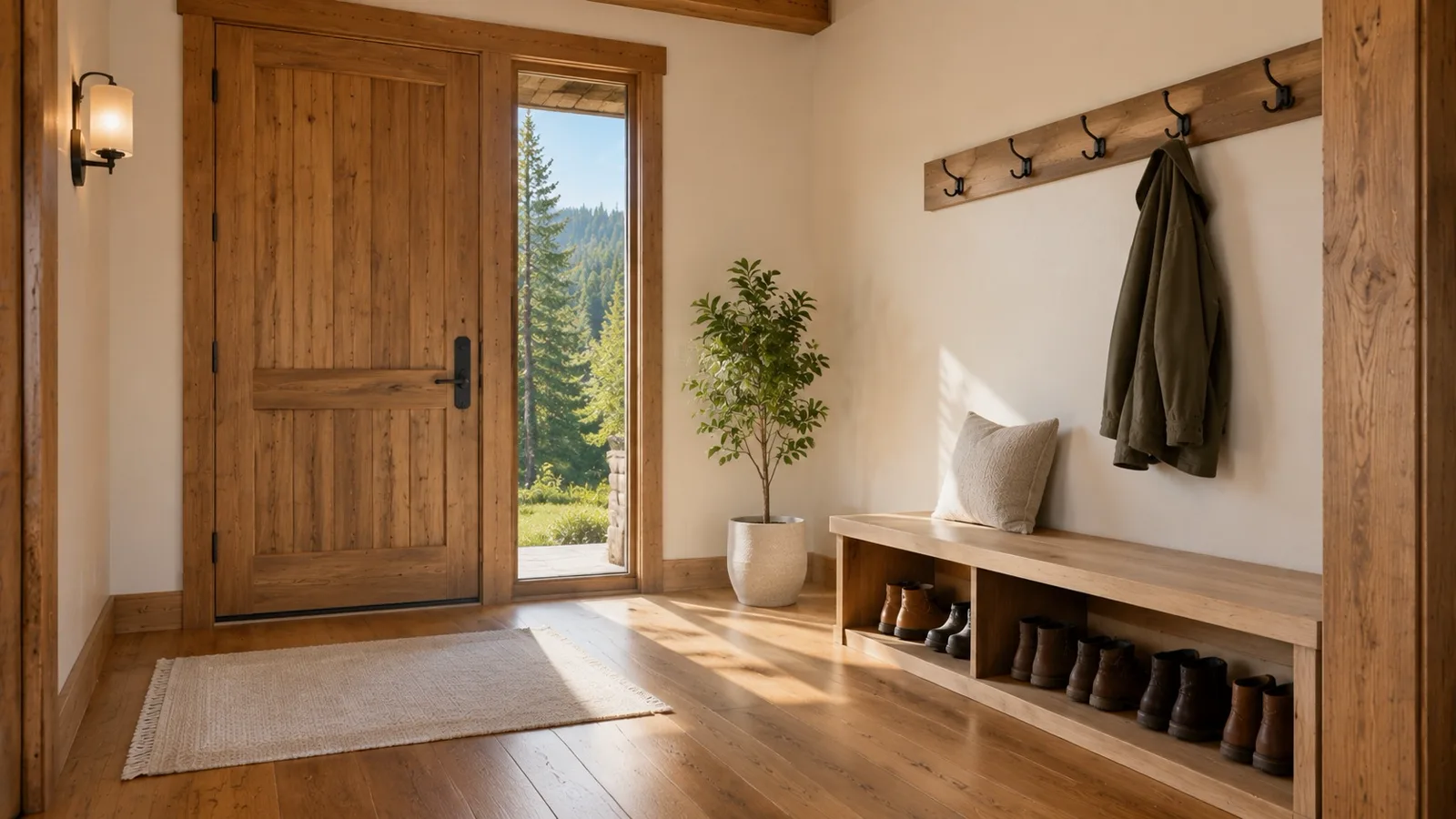 A tidy home entryway in warm light