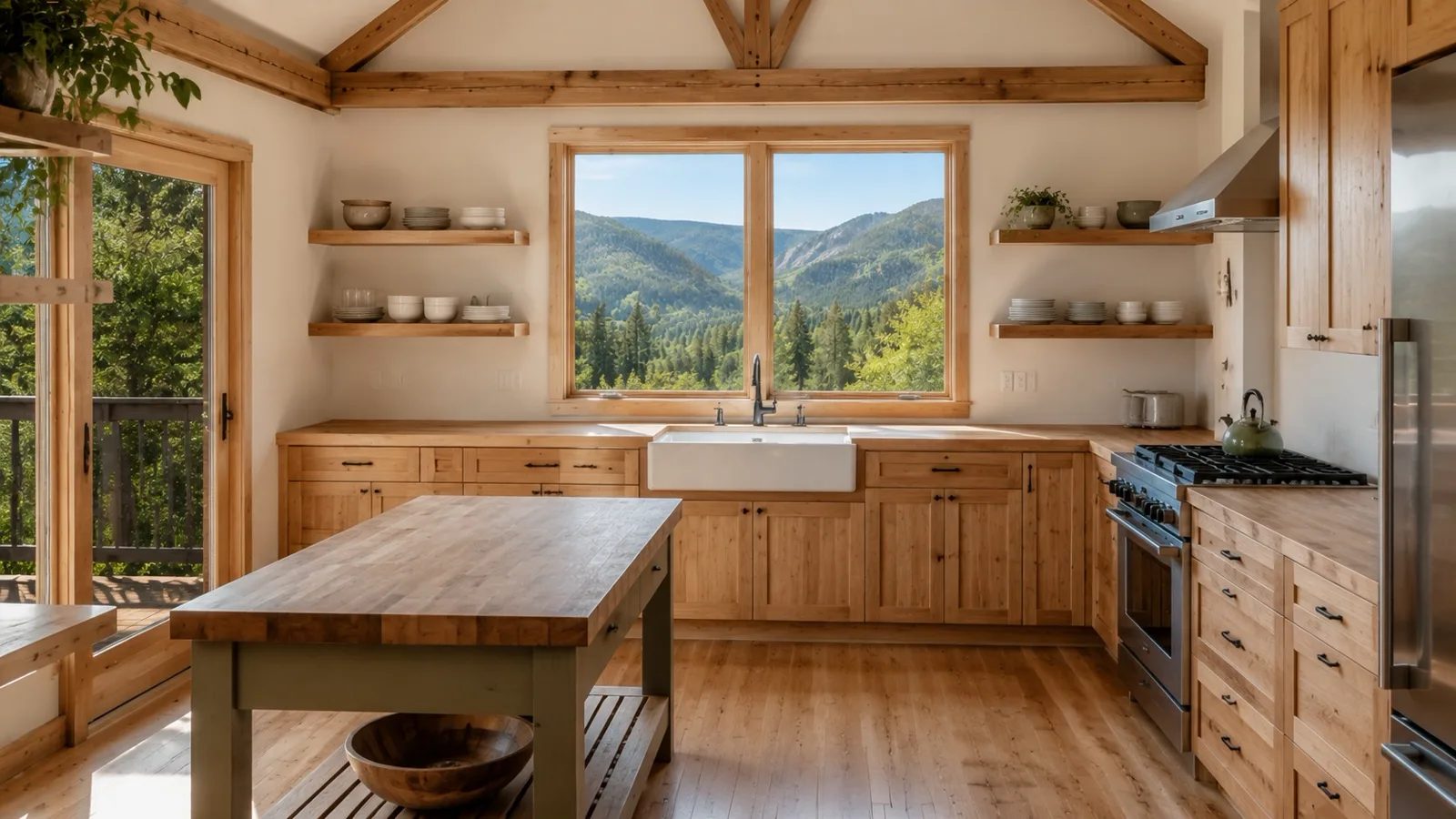 A spotless kitchen with wood cabinets and a farmhouse sink under a window